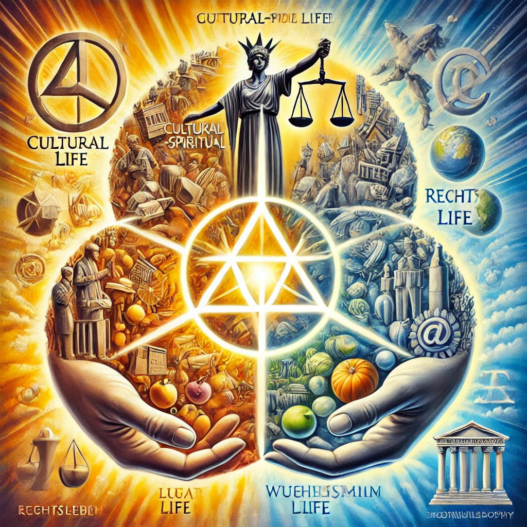 DALL·E 2025-03-11 09.21.53 – An artistic and symbolic illustration representing the threefold social order according to anthroposophy. The image should depict society as three int Soziale Drreigliederung