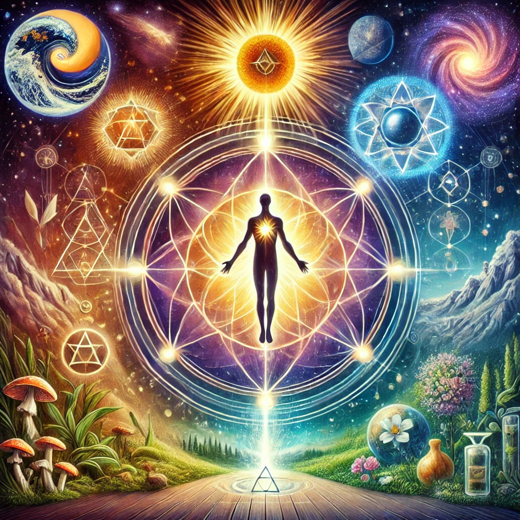 DALL·E 2025-03-11 09.36.12 – A symbolic and artistic representation of Anthroposophy. The image should feature a harmonious fusion of nature, cosmic elements, and human consciousn Anthropossophie