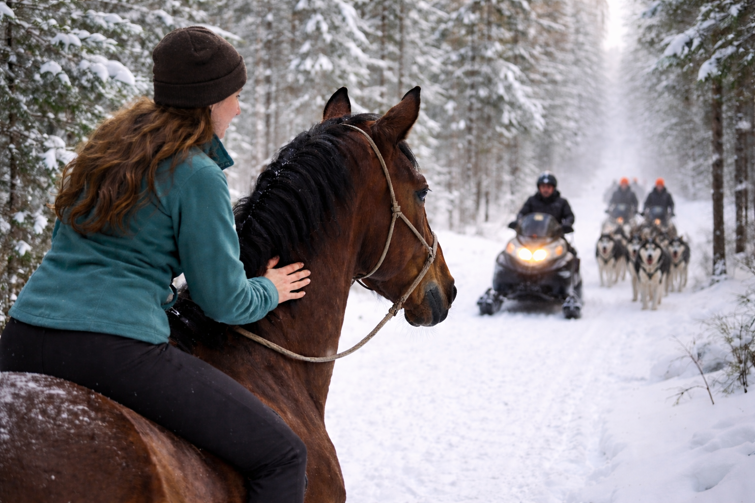 Linda Held auf Fritz bei der Begegnung mit Huskys, ein Beispiel von innerer Ruhe